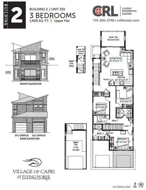 A floor plan for a 2 bedroom, 1409 square foot, upper flat at the Village of Capri at Flying Horse.